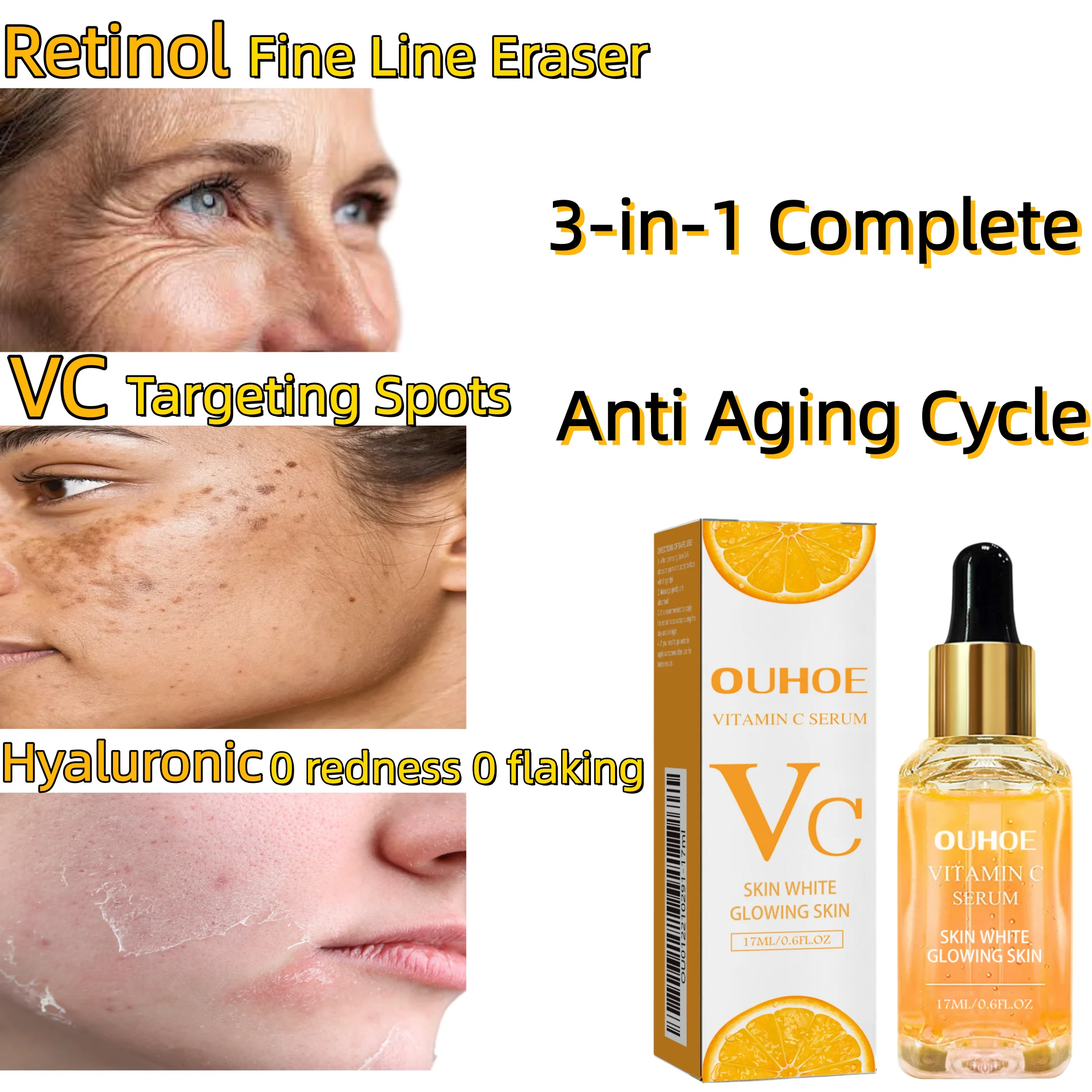 Vitamin C Retinol Serum,3-in-1 Complete Anti Aging Cycle,Retinol Wrinkle Eraser,Targets Stubborn Pigment Spots Precisely,Create Plump Dewy Luminous Skin,Instant Zero-Residue Penetration: No Pilling, No Stickiness,Vegan & Cruelty Free