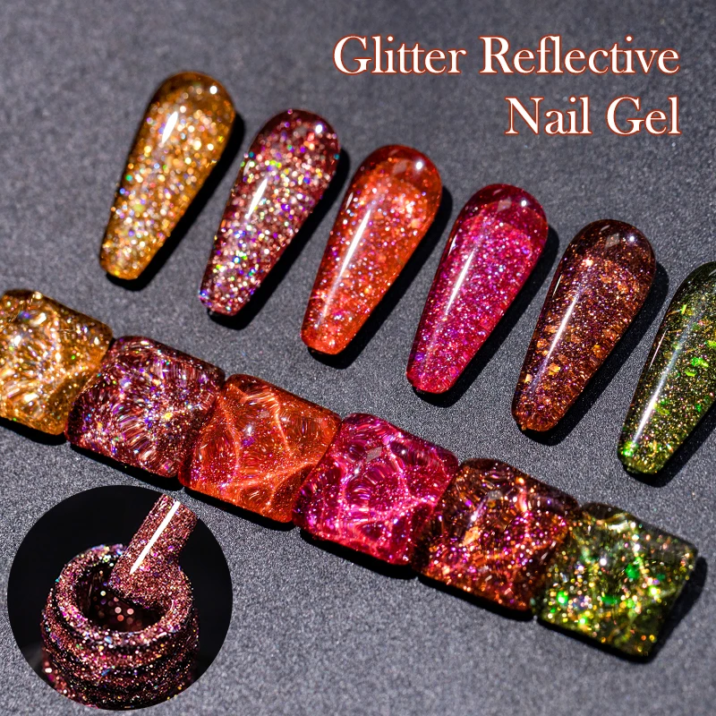 MEET ACROSS 7ml Reflective Fluorescent Gel Nail Polish Flashy Glitter Semi Permanente Verniz Para Manicures Necessidade Base Top Coat