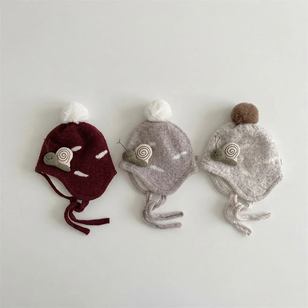 Warm Knitted Cotton Hat with Ties Fleece Lined Ear Protection Cute Ball Design Overhead Style Windproof Children's Winter Cap