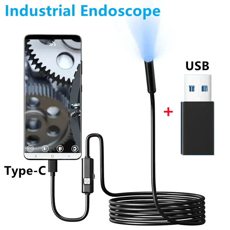 

7mm Type-C Endoscope Camera IP67 Waterproof Industrial Endoscopes with Light Adjustable Flexible Inspection Borescope for Phone