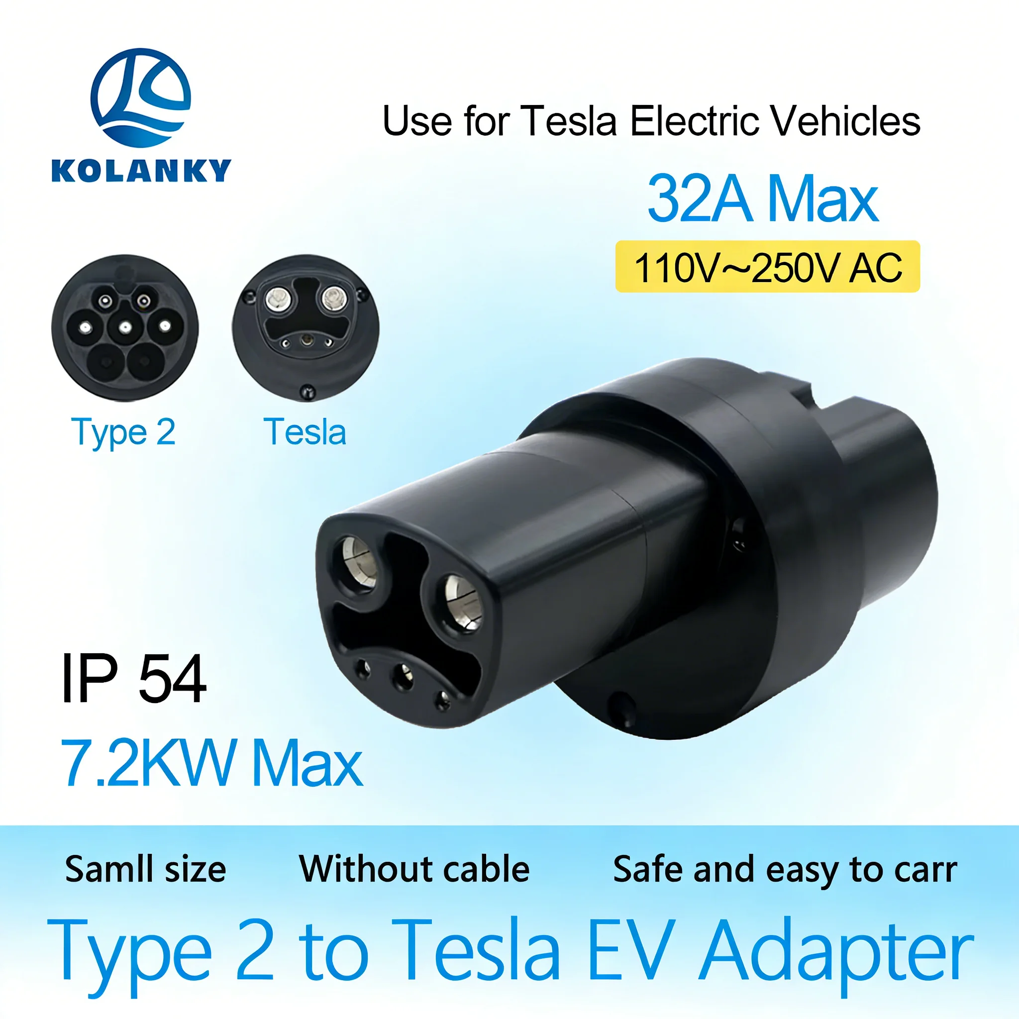

Адаптер для зарядки электромобилей Kolanky EV Type 2 на NACS, 32А, 7.2кВт, для Tesla Model Y/S/3
