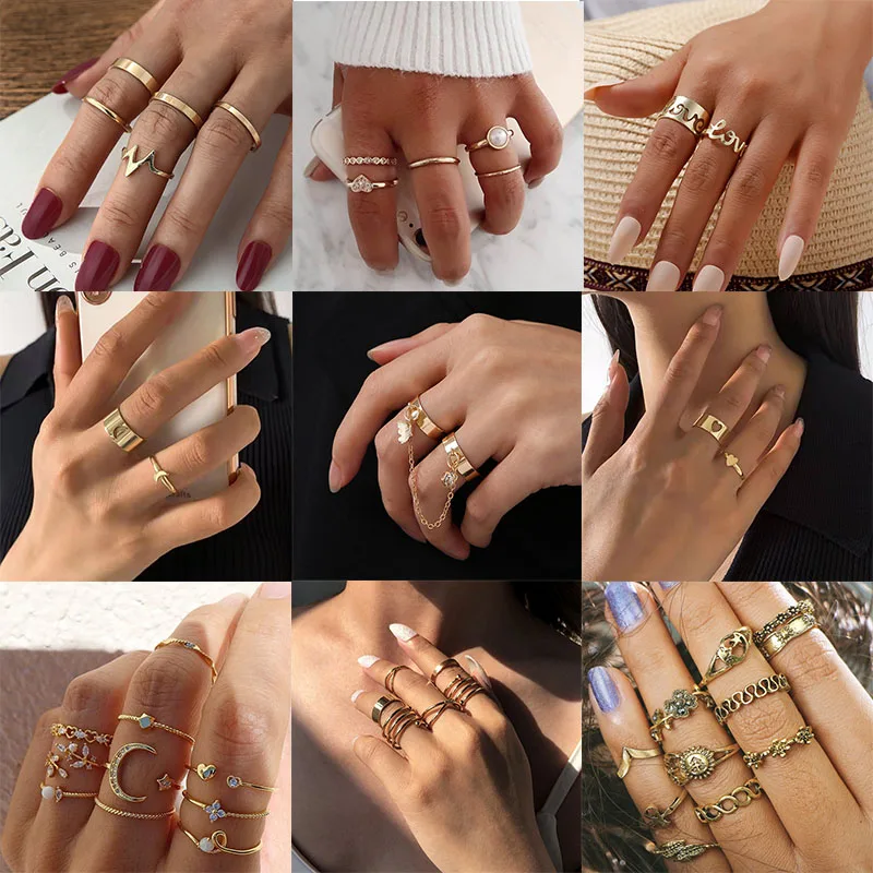 New Bohemian Rings Set for Women VIntage Antique Gold Color Laides Retro Fingers Accessories anillos mujer Retro bague femme