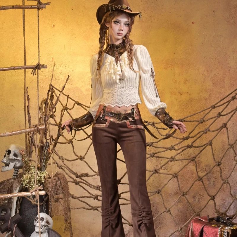 شتاء جديد البحرية طوق الدانتيل متابعة كشكش قميص النمط الياباني Rojita سليم صالح نصف عالية طوق نفخة الأكمام بلوزة الملابس النسائية #2