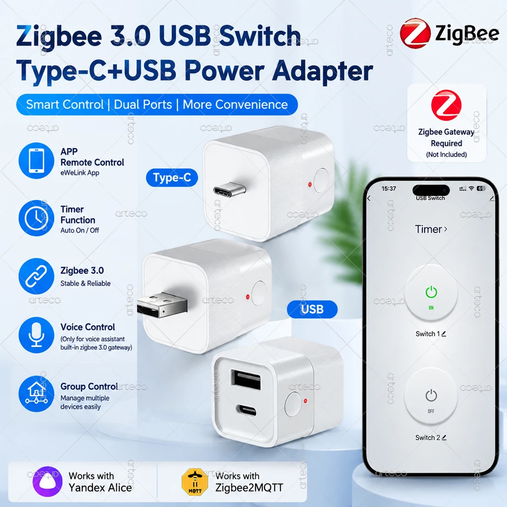 Image of Zigbee 3.0 Micro Zigbee USB-Stromadapter USB/Typ-C-Adapter Schalter Ladegerät Stecker App-Zeitsteuerung Kompatibel mit Zigbee Gateway Z2M