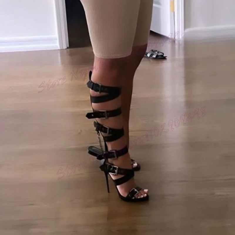 Black Strappy Buckle Sandals Boots Metal Chaon Open Toe Shoes for Women Thin High Heels Sexy Lady Shoes 2024 Zapatos Para Mujere