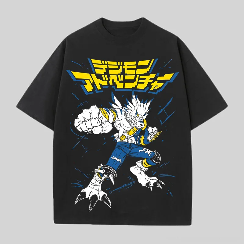 Men's Digimon Garurumon Anime T-Shirt Black Cotton JI KING OF WARRIORS Graphic Print for Casual Otaku Daily Streetwear Campus
