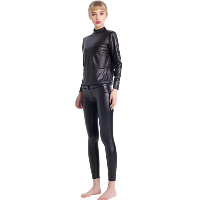 Cool femme corps Shaper cuir col montant manches longues chemise moto Biker hauts taille formateur t-shirt mode Shapewear hauts