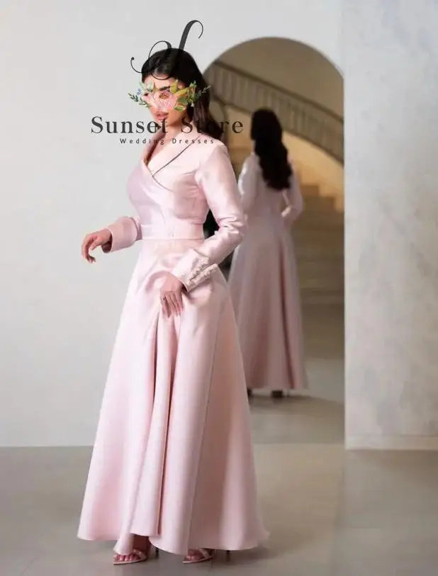 

Customized V-neck Full Sleeves Ankle Length Women Dress Pink Prom Wrinkle Robe Sirene Soiree Vestidos De Gala