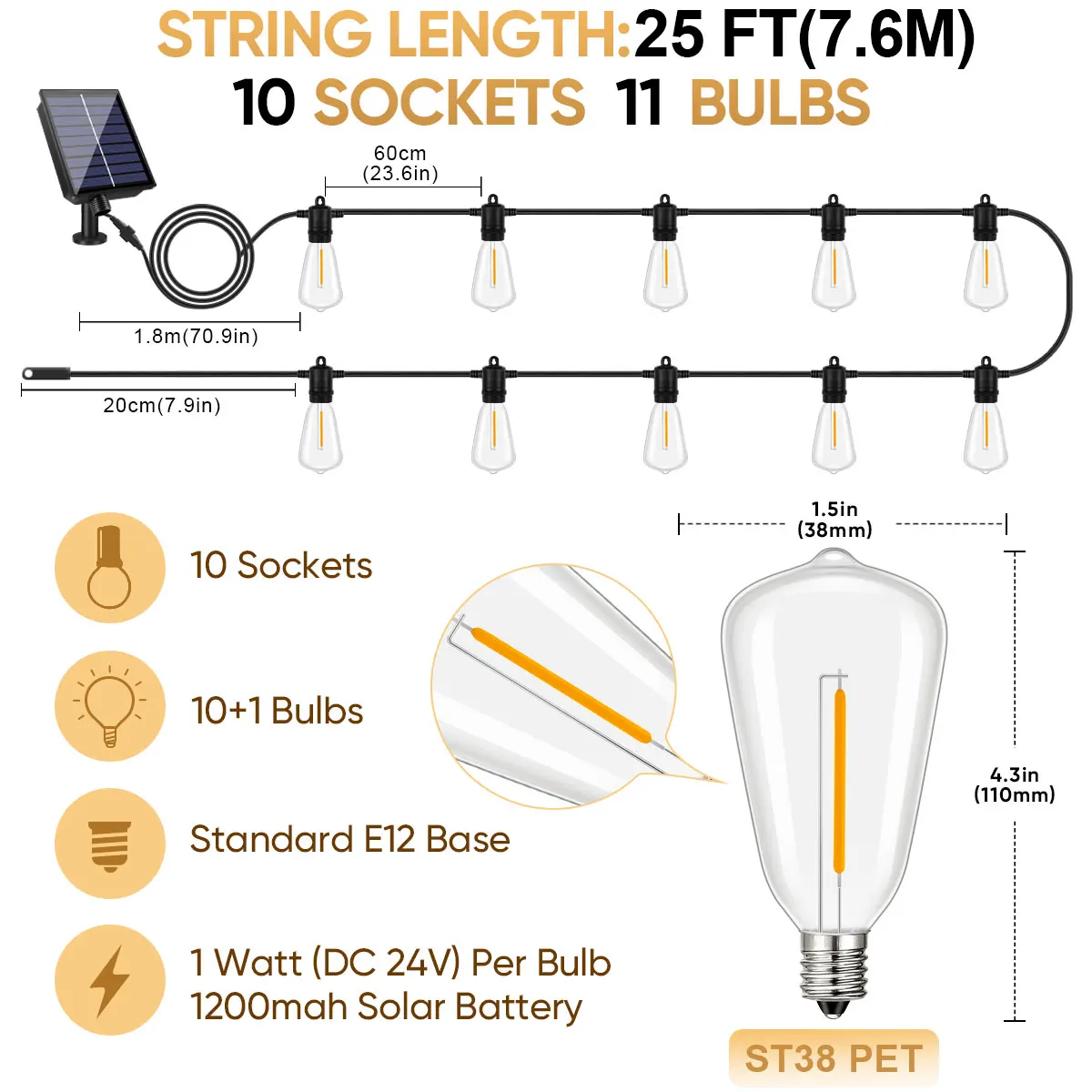 Grensk Led ST38 Lichterketten Outdoor Girlande Solar Licht Wasserdicht Bruchsicher Fernbedienung USB Ladegerät Hof Solar Straße Lichterketten 4