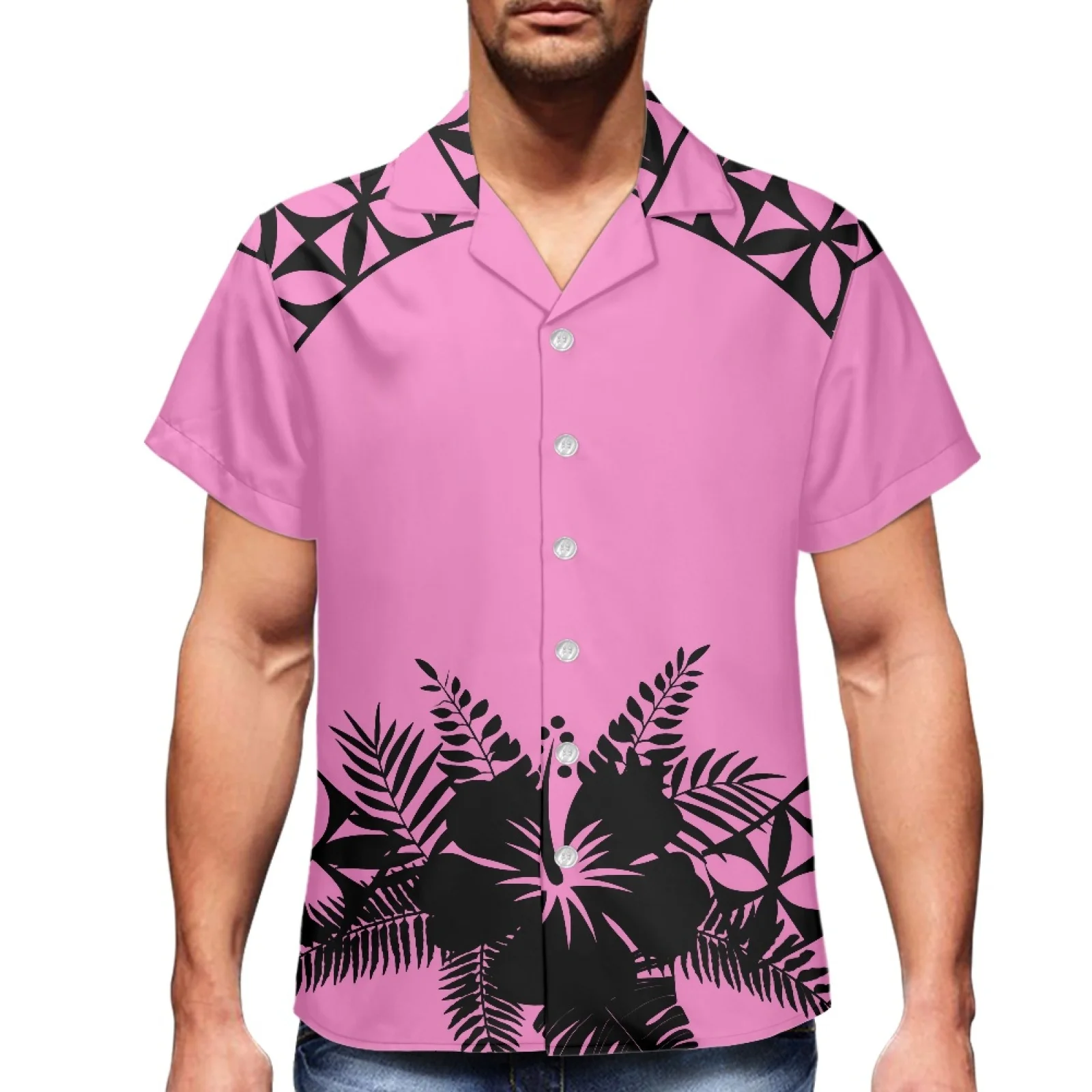 

Traditional Tribe Summer Loose Casual V-neck Short Sleeve Men's Shirt Samoa Hibiscus Printing Single Breasted Lapel Clothing