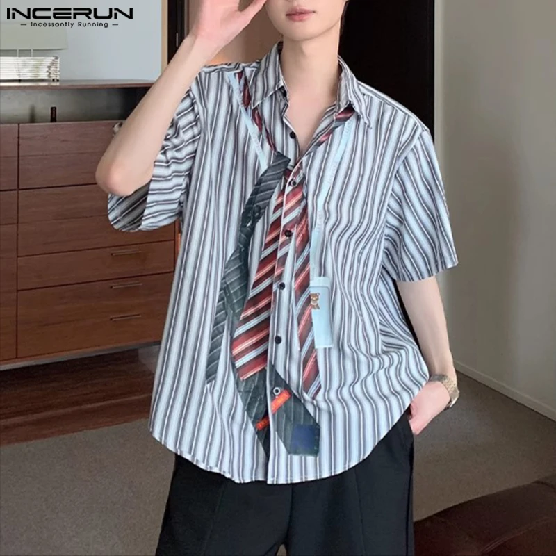 INCERUN 男性シャツストライプパッチワークラペル半袖男性服ストリートルーズ夏韓国スタイルファッションカジュアルシャツ