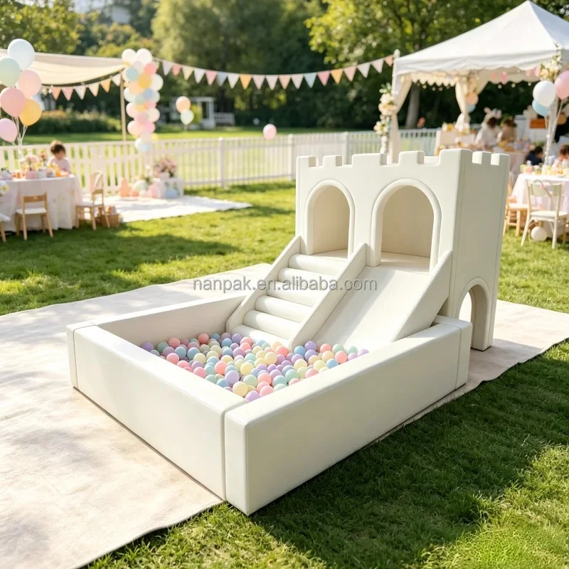 White Castle Soft Play Set With Slide & Square Ball Pit | Indoor Soft Playground Equipment for Party Hire, Daycare, Event Rental