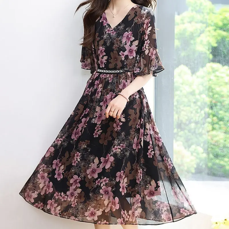 السيدات الخامس الرقبة الأزهار الشيفون فساتين قصيرة الأكمام الصيف مزاجه مشد ميدي اللباس الكورية الطباعة جيب فستان زهري المرأة #5