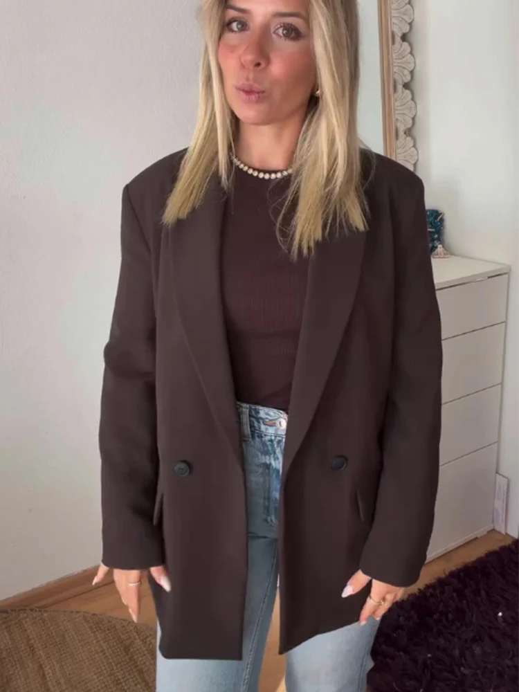 Modischer Damen-Blazer Büro-Dame Langarm Doppelreihiger Mittellanger Casual-Anzug Mantel Elegante Schlichte Stilvolle Oberbekleidung