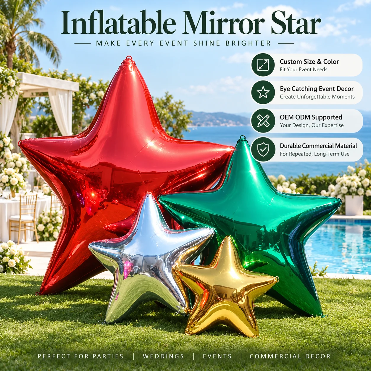 Christmas Inflatable Decorations, Giant PVC Silver Gold Stars Moon Cloud Ball, Reflective Metallic Xmas Party Decor