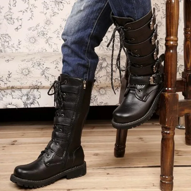 New Men's Punk Gothic Biker Boots Tall Harness Buckle Side Zipper Riding Boots for Cosplay Costume Performance Comfortable Black