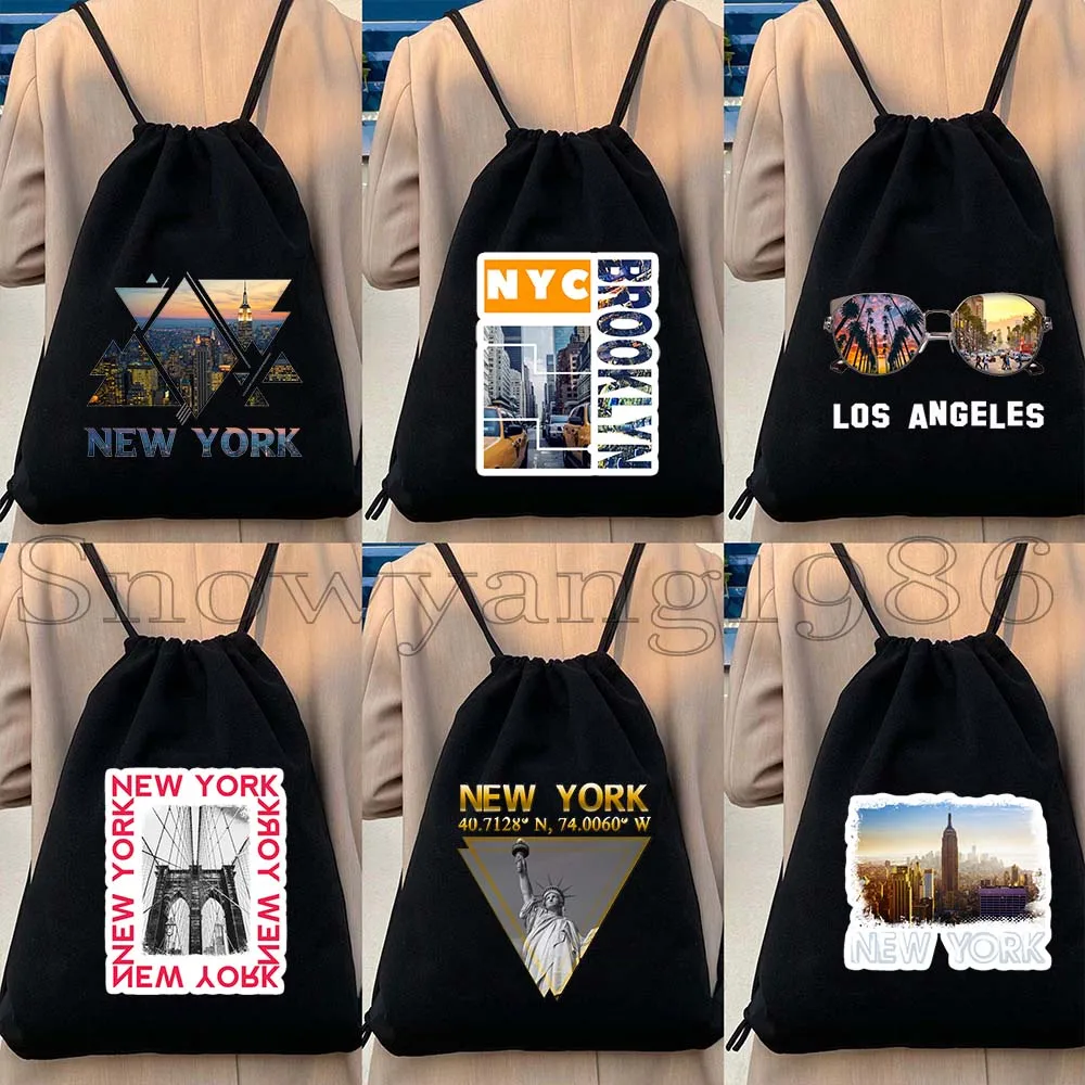 America New York Skyline Statue of Liberty Brooklyn Bridge NYC USA Gift Canvas Drawstring Bags Soccer Backpack Gym Yoga Sackpack