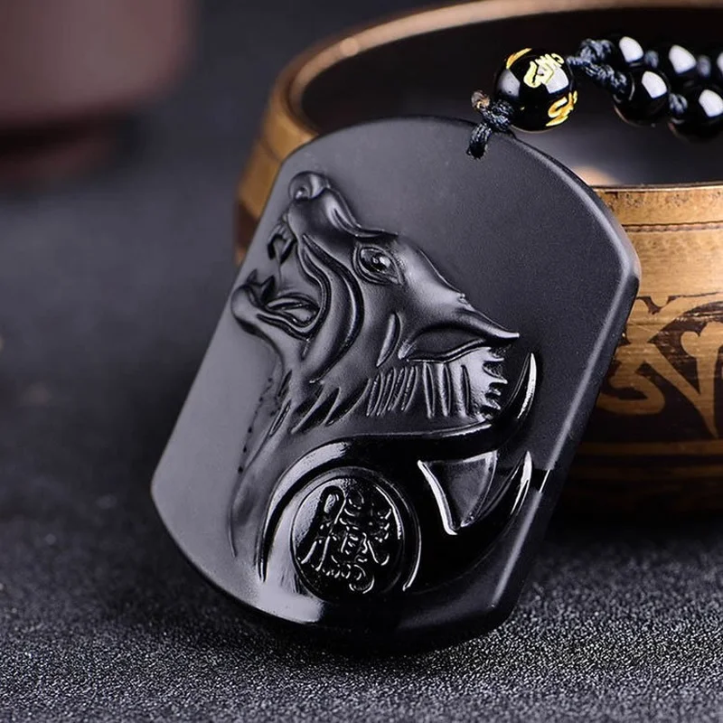 Black Obsidian Necklace Carving Wolf Head Elephant Obdidian Amulet Pendant Necklace Obsidian Blessing Lucky Men Jewelry Gift