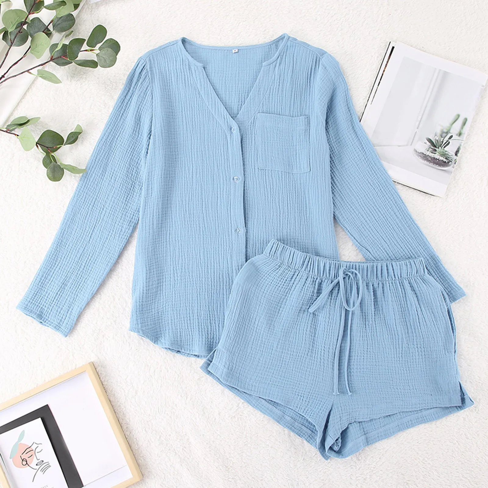 2024 Newly Casual Cotton Gauze Muslin Sets for Women 2 Pieces Summer Autumn Button Up Long Sleeve Top + Shorts Set Elegant Suit