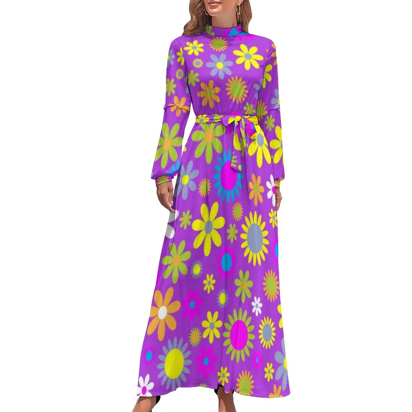 

Rsychedelic Flower Power Dress с длинным рукавом в стиле ретро с принтом 60-х годов Сексуальное платье макси с высоким воротом Корейская мода Пляжные длинные платья Идея подарка