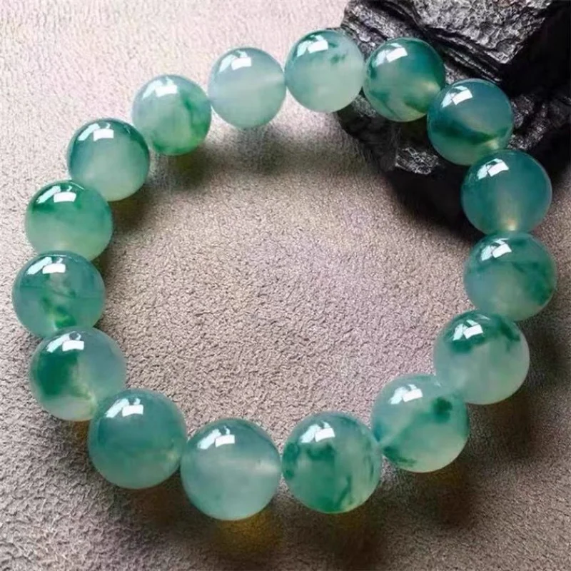 Myanmar Ice-like Floating Flowers Perfect Circle Beads Bracelet Jade to Give Mom Top Grade Men and Women Same Style