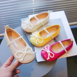 Girl's Flat Shoes Jelly Color Cute Bowknot Leather Shoes Kids Soft bottom Princess Single Shoes for Children Rose Green Yellow