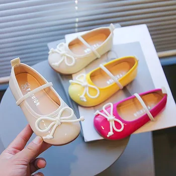 Zapatos planos para niña, Color gelatina, bonitos zapatos de cuero con lazo, zapatos individuales de princesa de fondo suave para niños, rosa, verde, amarillo