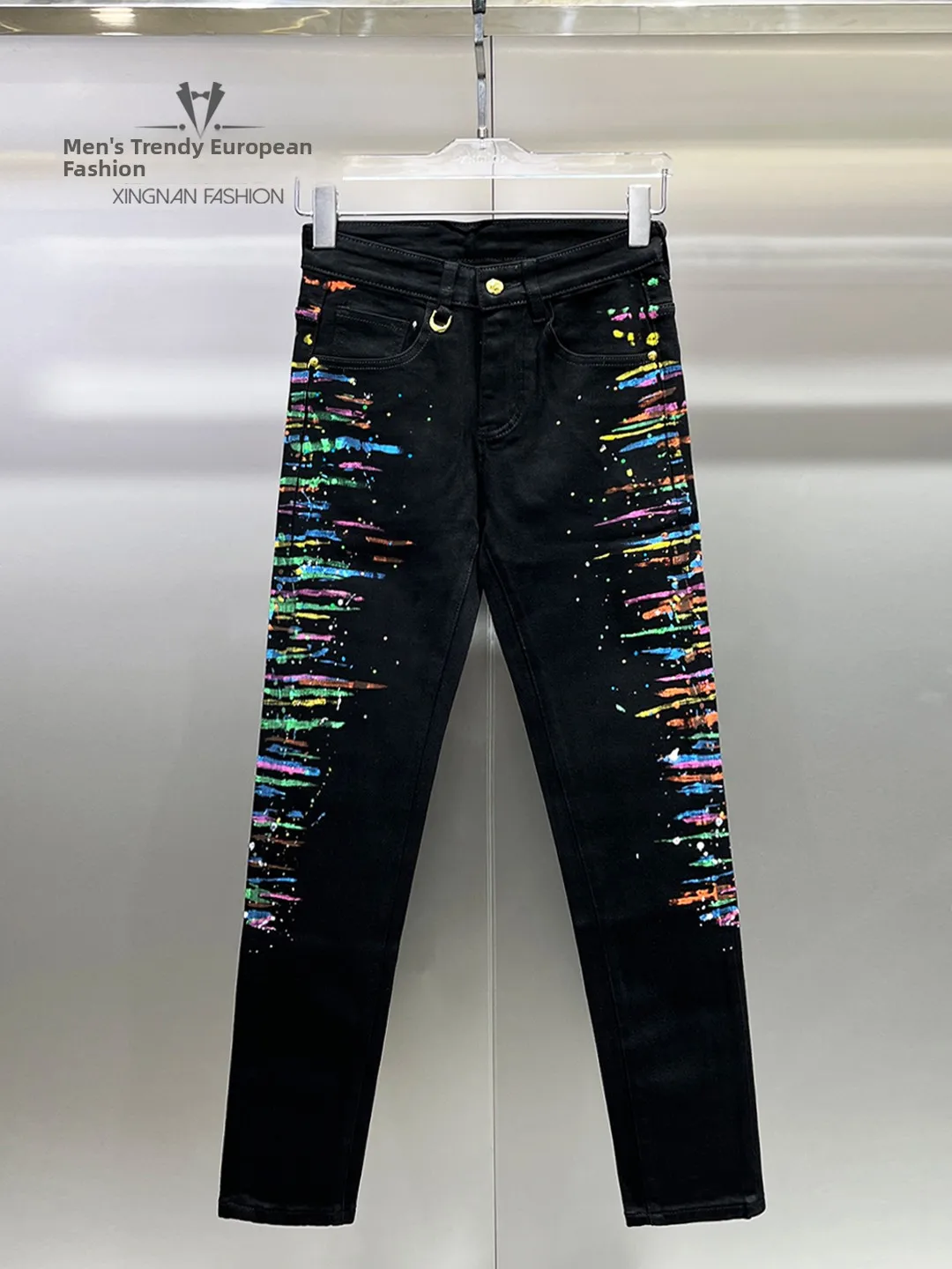 

Trendy fiti Print Men's Jeans Elastic Slim Fit High Street Faion Painted Casual Cotton Denim Winter Wear