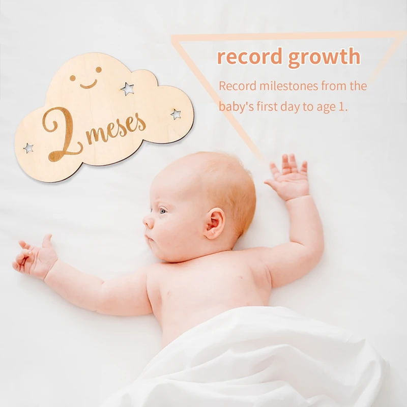 8PCS Wooden Baby Month Milestone Card Spanish language Cloud Shape Photography Cards Birthday Gift Souvenir Photo Accessories