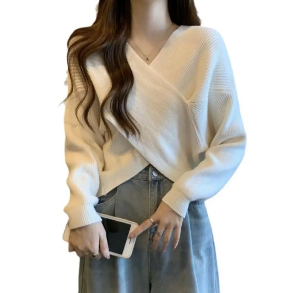 

Women's Irregular Cross Design V-Neck Pullover Sweater Loose Fit Short Style for Autumn Winter Seasonal Fashion Top