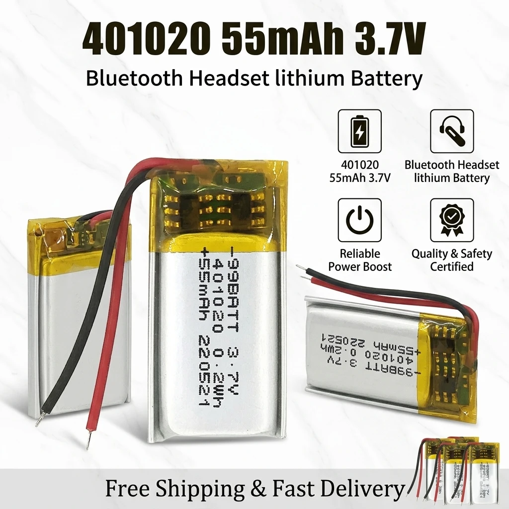 

401020 3.7V 55mAh Lithium Polymer Rechargeable Li-Po Battery for Bluetooth Headset MP3 MP4 GPS Smart Watch LED Light