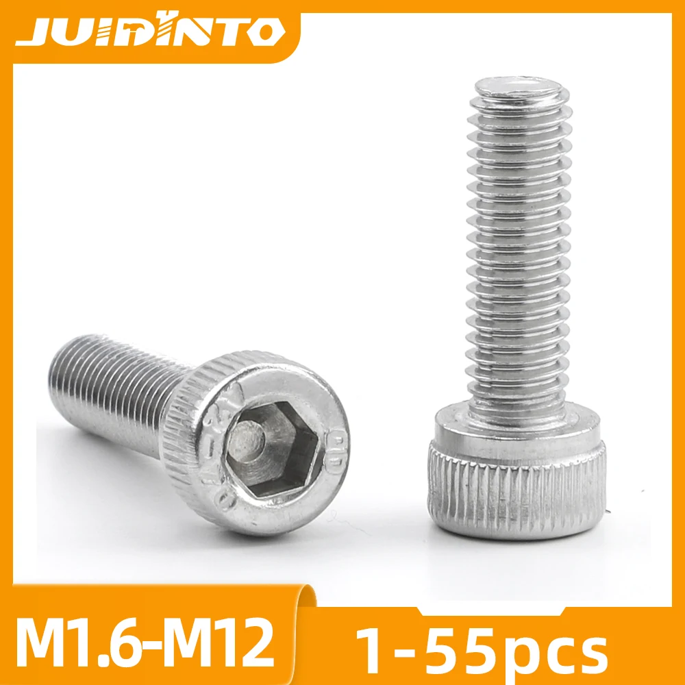 JUIDINTO 1-55szt Śruba z łbem sześciokątnym M1.6 M2 M2.5 M3 M4 M5 M6 M8 M10 M12 Śruba imbusowa ze stali nierdzewnej