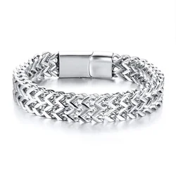 12mm Stainless Steel Men's Silver Color One Chain Double Rows Wristband Magnetic Clasp Bracelet