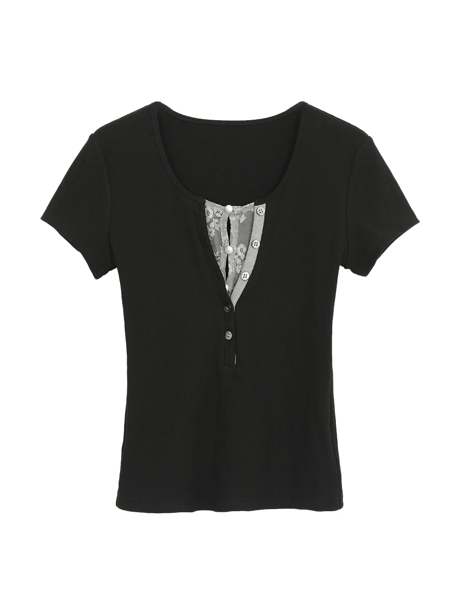 تي شيرت نسائي أحمر قصير الأكمام بتصميم المشاهير، موديل صيف 2025 الجديد، بطول الكتف، أسود، ضيق، مزين بالدانتيل، مثير، أزياء نس... #3