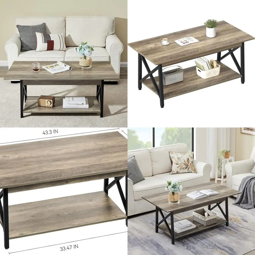 

Large 43 Modern Farmhouse Coffee Table with Storage, Grey Wash Finish, X-Frame Design for Space-Saving Living Room
