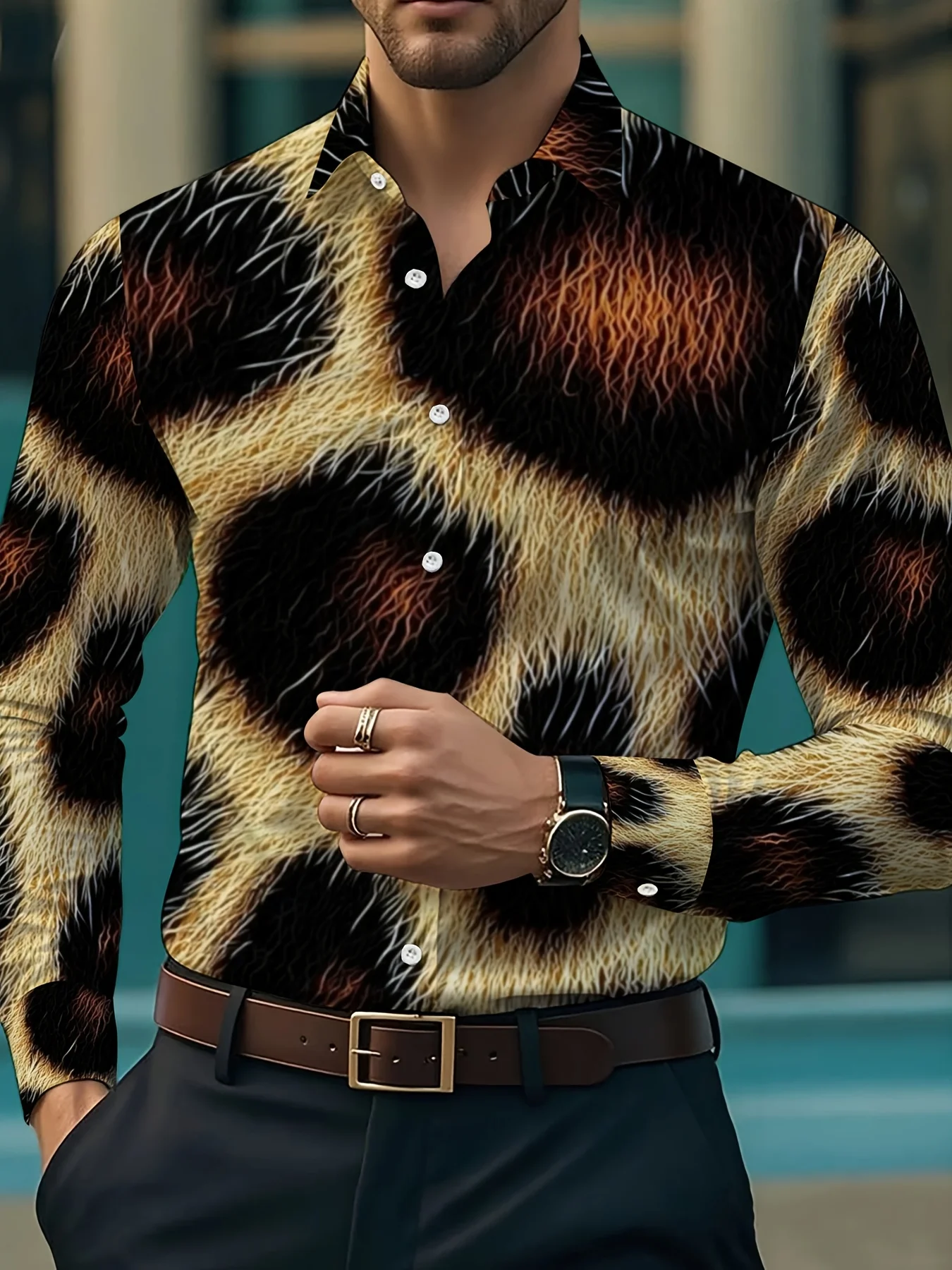 Men Long Sleeve Button‑Down Shirt Simulation Faux Animal Fur Leopard Texture Print Polyester Lapel Collar Street Party