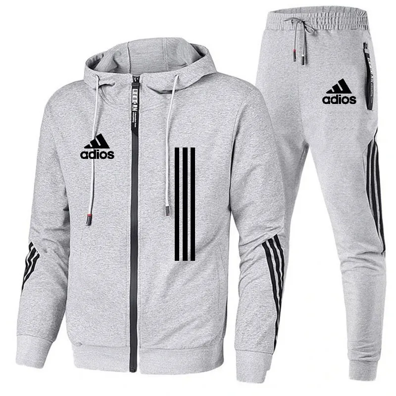 2024Spring and Autumn Spot New Men's Casual Sports Set with Three Bars, Hooded Zipper, Hoodie, Pants, Sports Set