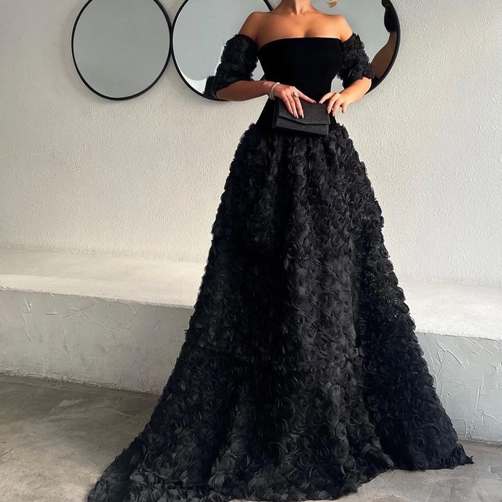 

Customized Elegant Flowers Off the Shoulder Jersey Evening Dress Fashion A-Line Floor Length Strapless Short Sleeves Prom Dress