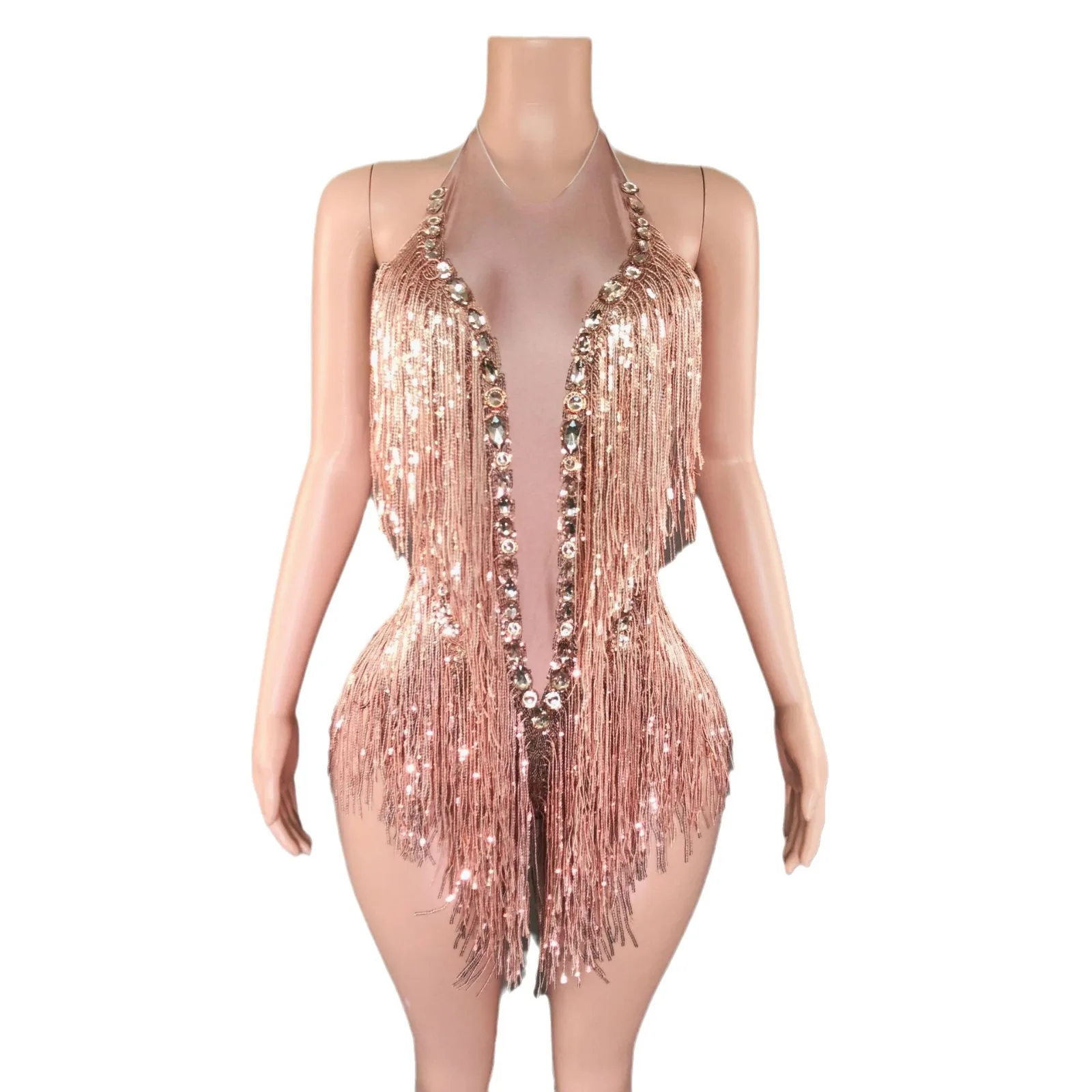 

European and American dance shiny rhinestone stretch sequins fringed onesie stage costume female sexy babes