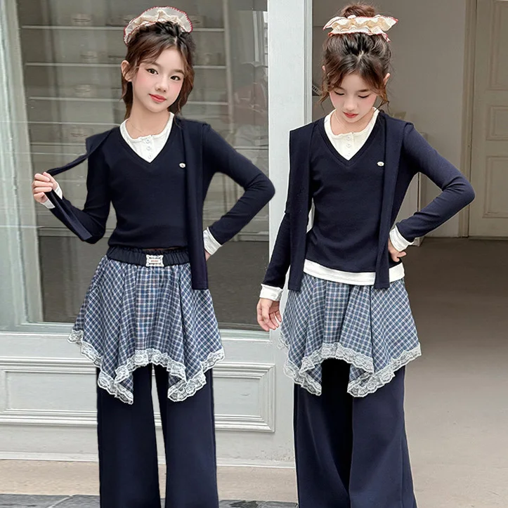 

Children Girls Sets Autumn Fake Two-piece T-shirt+Patchwork Elastic Waist Pant Kids Girls Sets Fashion 4-14Y Girls 2pcs Set