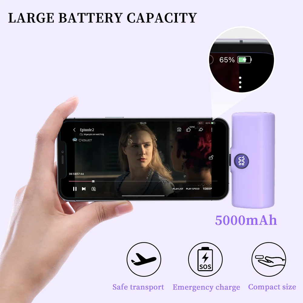 Mini Power Bank Draagbare 18,5 W Snel opladen LED-display Bliksem / Type-C-stekker 5000 mAh Capsule Externe batterij Powerbank