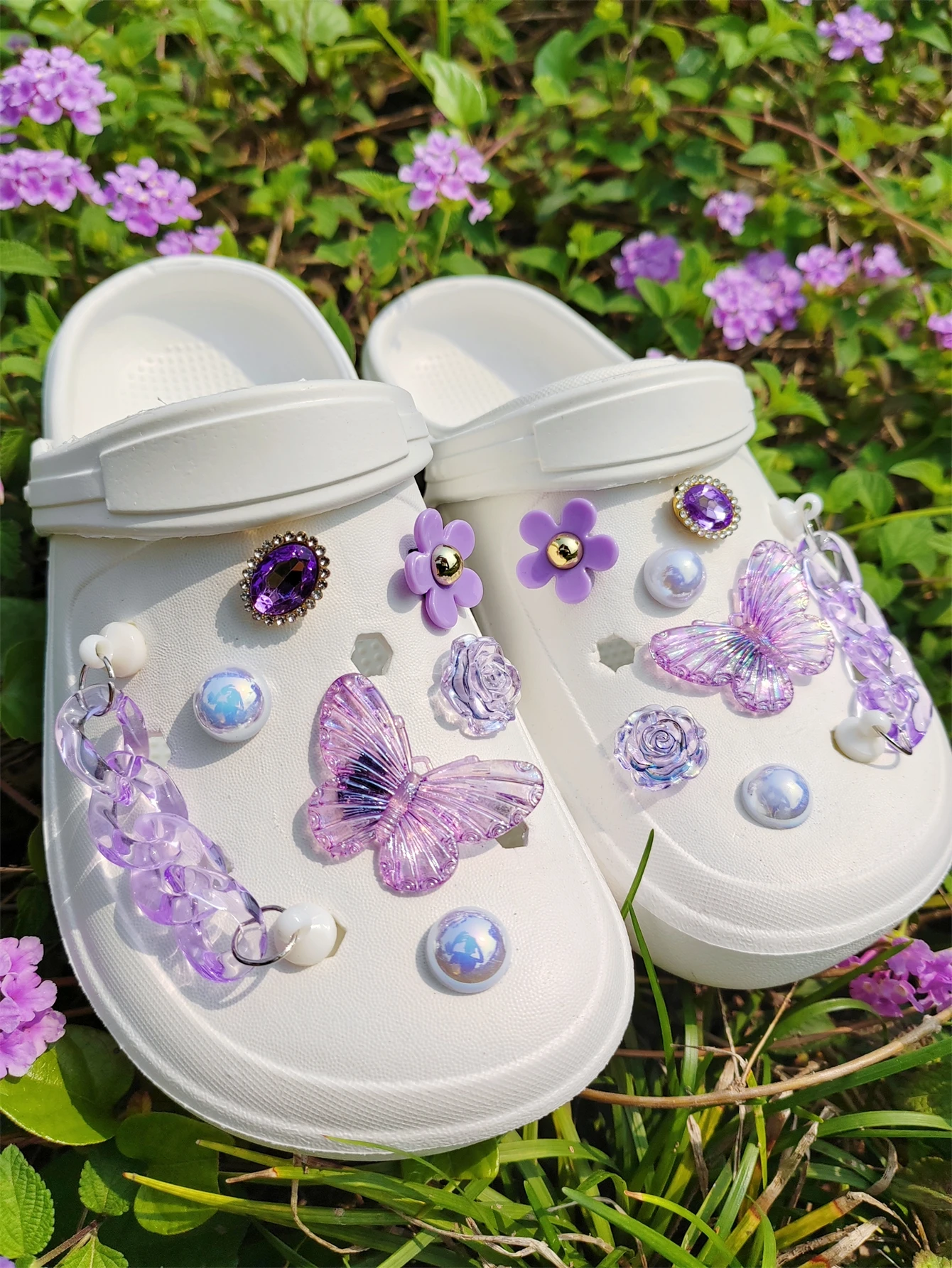 14 piezas de accesorios para zapatos con agujeros de cadena de flores de mariposa púrpura a la moda, accesorios para zapatos huecos, flores para zapatos DIY