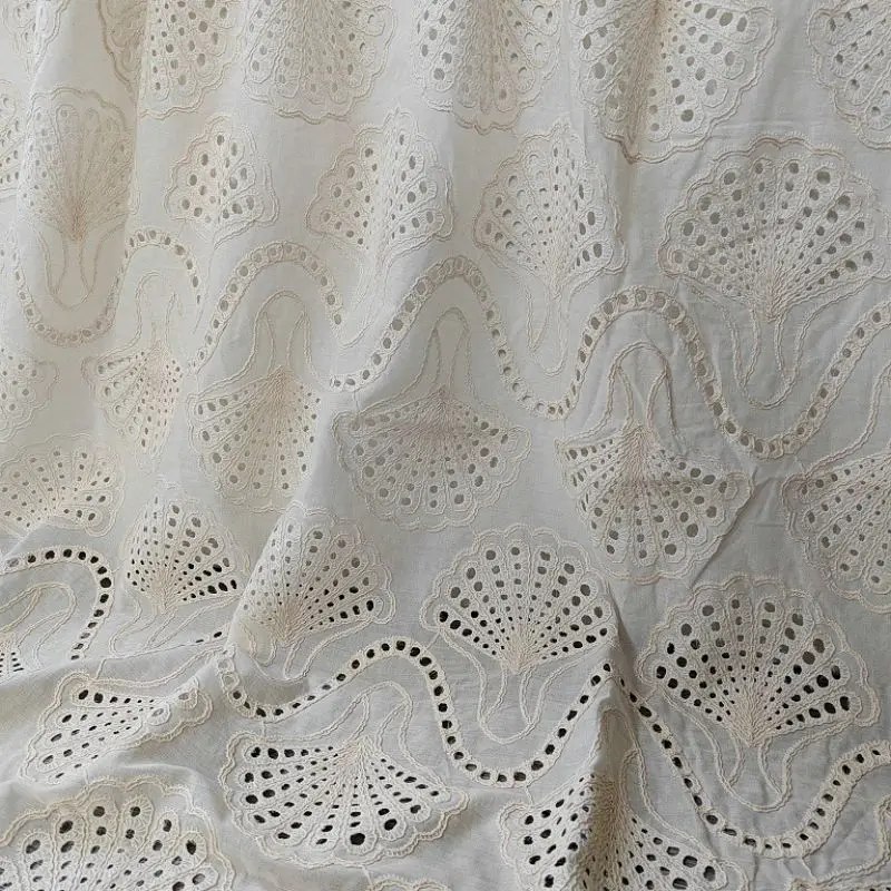 1 yard 100% cotton embroidery lace fabric eyelect hole embroideried clothing for woman apparel ivory with shell pattern fanshape