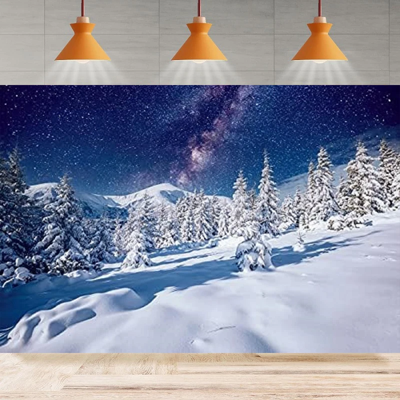 Winter Photography Backdrop Endless Snowfields Romantic Nebula Starry Sky Pine Tree Background Party Backdrop Wall Banner Decor