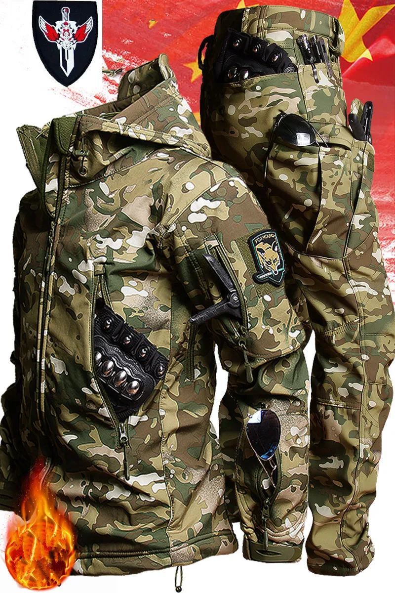 

Men's Winter and Autumn Tactical Combat Soft Shell with Fleece Wool Waterproof Fishing Hiking Camping Jacket Warm Set