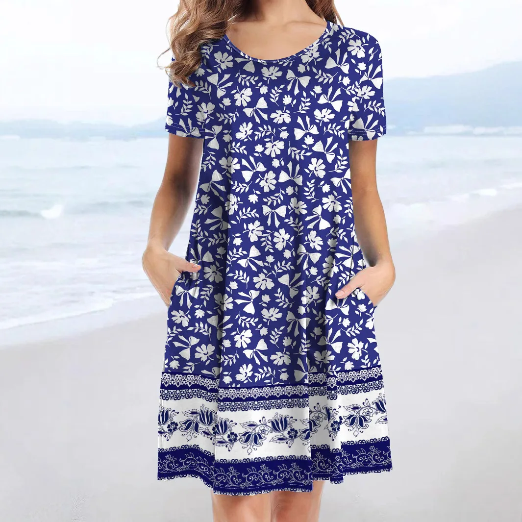

Knee Length Dress Women A Line Dresses Print Vestidos Round Neck Short Sleeve Elegant Splice Y2k Streetwear Casual Summer