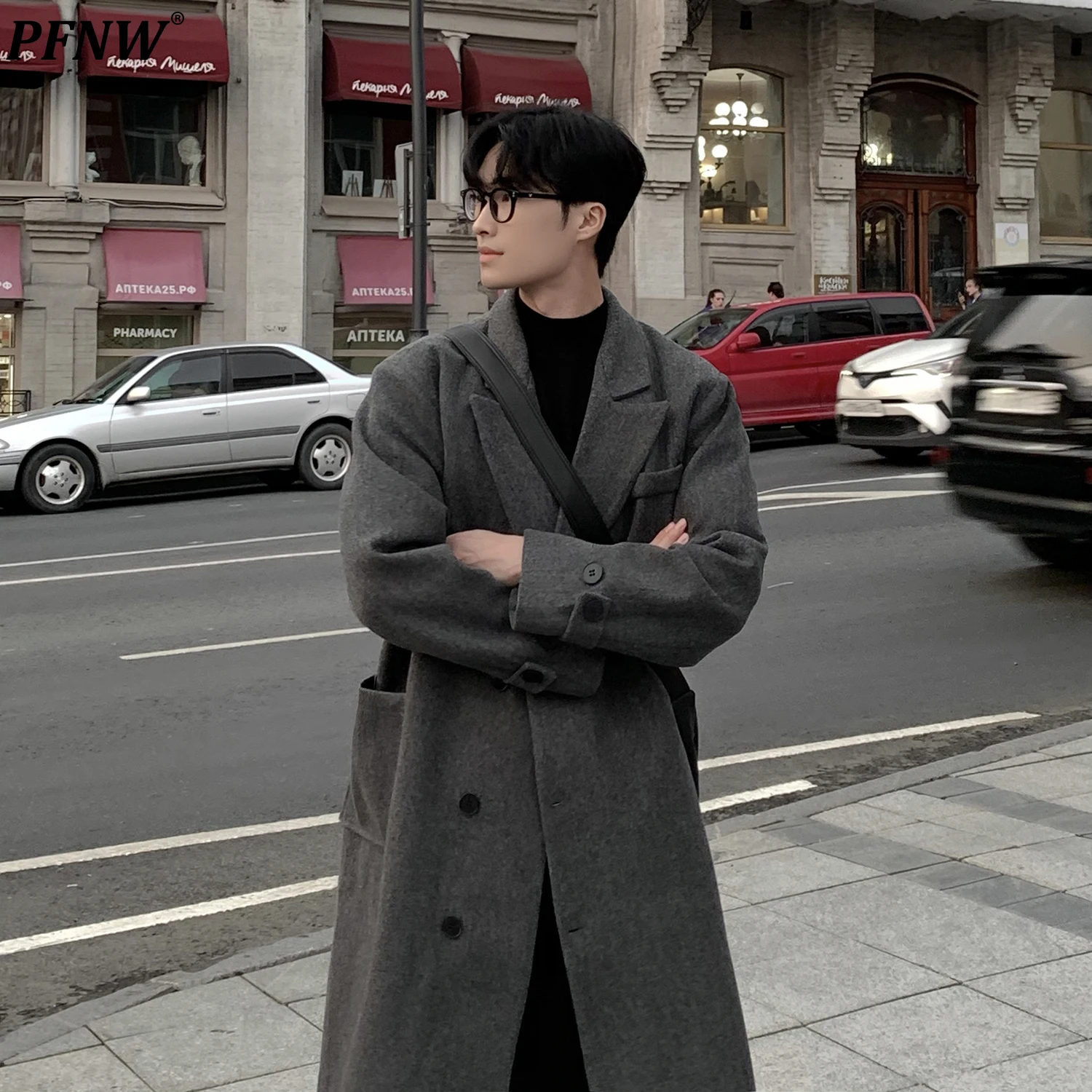 

PFNW Autumn Winter Knee-length Woolen Coat For Men Korean Style Loose Fit Single Breasted Tweeds Overcoat Fashion New 12C1234