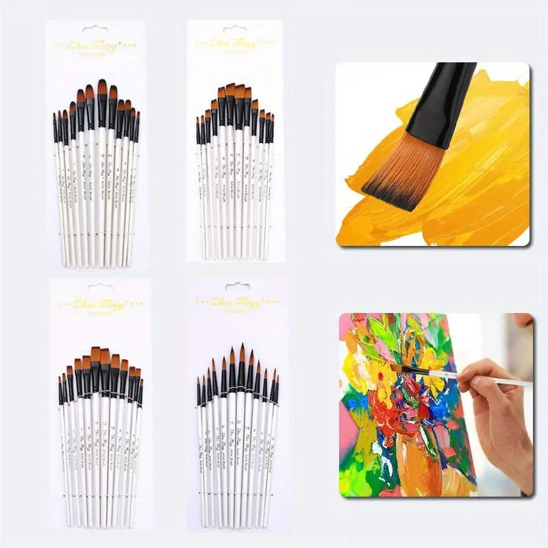 12Pcs/set Multi-shape Nylon Paint Brushes Set, Round & Flat & Liner Artist Paintbrushes for Watercolor Acrylic Oil Painting