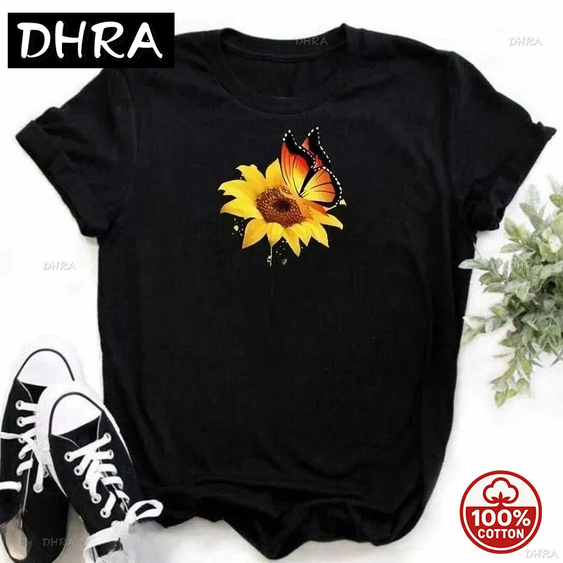 

Cotton 100% Comfortable Casual Women's Black Women's T-shirt Casual Sunflower Butterfly Print Oversized T Shirt Tops Vintage