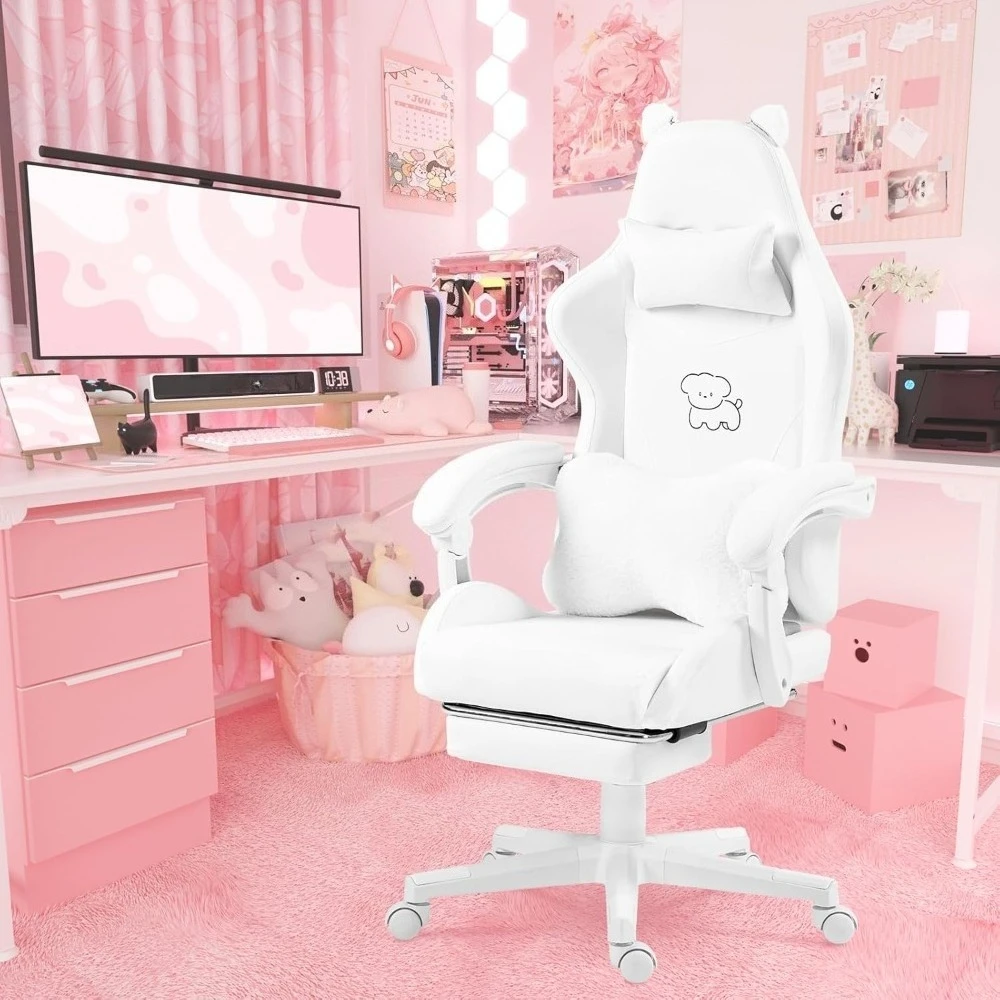 Cute Gaming Chair with Lumbar Cushion and Decorative Ears, Ergonomic Computer Chair with Footrest